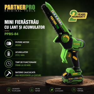Mini Fierastrau cu Lant Acumulator PartnerPro PPBS-84, 21V, 4Ah, Brushless