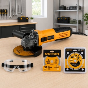 Pachet Polizor Unghiular cu Variator ROTOR RAG850E, 850W, disc 125mm, 2000-11000 RPM, 6 trepte de viteza, cu 2 discuri diamantate si o pereche de ochelari de protectie