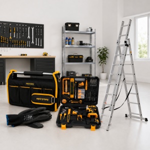 Pachet Rotor: Set Autofiletanta cu Scule ROTOR RSET-AP21, 21V, 1.5Ah, 200W, scara multifunctionala 3x9 trepte, geanta depozitare scule 16", manusi de lucru.