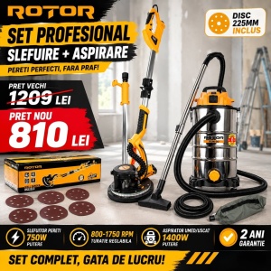 Pachet Slefuitor Pereti ROTOR R-S225L-3, 750W, disc 225mm, 800-1750 rot/min + Aspirator Umed Uscat ROTOR RUM-30, 30L, 1400W, 21 kPa, filtru HEPA - Img 2