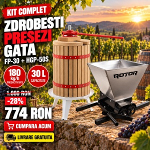 Pachet Teasc Presa Struguri si Fructe ROTOR FP-30, 30 L, lemn masiv de stejar + Zdrobitor Struguri Manual ROTOR HGP-50S, cuva 28L inox - Img 2