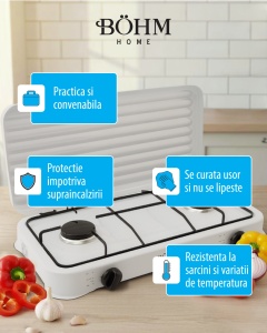 Plita cu doua arzatoare pe gaz, aprindere manuala BÖHM HOME BG-M-002-W, 4.4 kW, 55x32x7 cm - Img 8