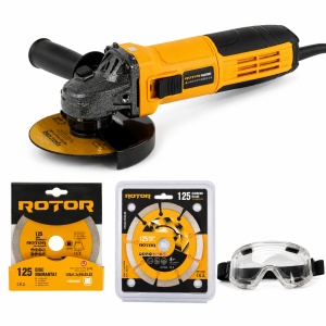 Polizor unghiular cu variator Rotor, 800w, 220v, 1100rpm, diametru 125mm, 6 trepte viteza, lungime cablu 1.5m, include discuri diamantate pentru taiere beton, marmura, gresie, faianta, ochelari protectie, maner, protectie disc, cheie reglare, perii carbun