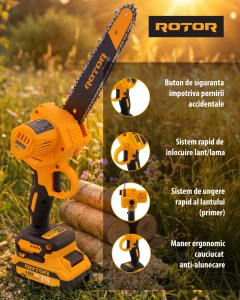 Mini Drujba cu Acumulator ROTOR RMC218, 21V, 2x4Ah, pentru taiere lemn gradina - Img 4