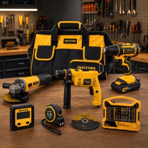 Pachet Atelier ROTOR: Autofiletanta 18V + Polizor 720W + Bormasina 500W + Set Biti 41 Piese + Ruleta 5m + Inclinometru Digital + 25 Discuri Abrazive + Geanta Cadou