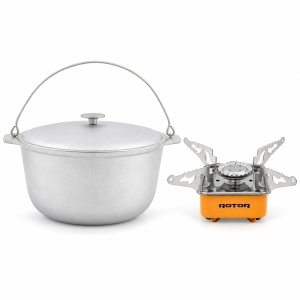 Pachet Ceaun Tuci Aluminiu ROTOR 8L cu capac + Arzator Portabil ROTOR RPCG-281YW CADOU