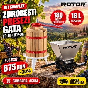 Pachet Teasc Presa Struguri si Fructe ROTOR FP-18, 18 L, lemn masiv de stejar + Zdrobitor Struguri Manual ROTOR HGP-50S, cuva 28L inox - Img 2