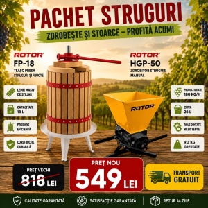 Pachet Teasc Presa Struguri si Fructe ROTOR FP-18, 18L, lemn masiv de stejar + Zdrobitor Struguri Manual ROTOR HGP-50, cuva 28L - Img 2
