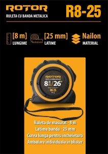 Ruleta ROTOR R8-25, 8m x 25mm, auto-blocare, curea de mana