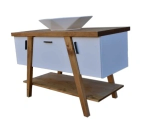 Masca lavoar lemn masiv + mdf alb, 3 usi si un raft mare, 120 x 55 x 75 cm