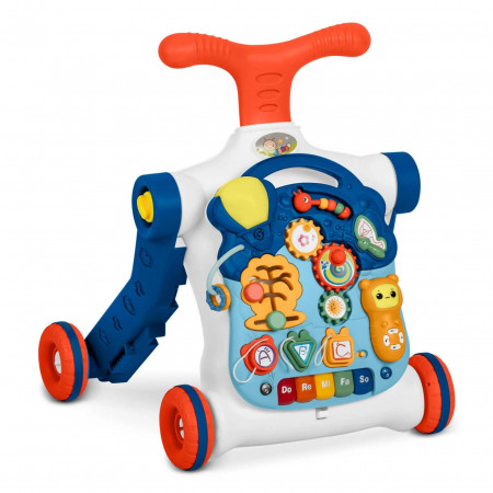 Antemergator interactiv cu 4 roti, transformabil in Masuta interactiva pentru activitati, cu panou de jucarii, sunete cu reglarea volumului, Ricokids 4in1 Albastra 781900