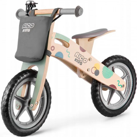 Bicicleta de echilibru din lemn pentru copii, cu geanta si clopotel, Ricokids, RC-610