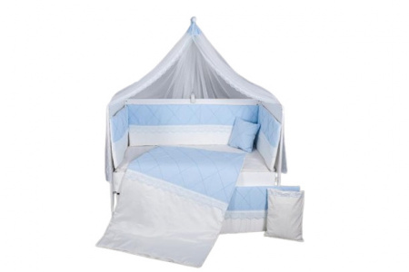 Lenjerie 11 piese pentru patut copii Squars alb-albastru cu baldachin 120x60 cm