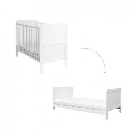 Patut Transformabil 2in1, din Lemn Masiv de Pin, MDF, 140 x 70 cm, pentru copii si junior, vopsea certificata, 3 trepte de reglare inaltime, 3 lamele detasabile, Woodies Safe Dreams, Classic, Alb