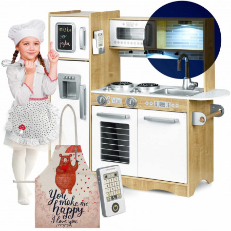 Bucatarie din lemn pentru copii, cu frigider, tabla, telefon, congelator, cuptor, dulap, cuptor cu microunde, aragaz, chiuveta, Ricokids, RC-795