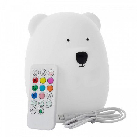 Lampa de Veghe pentru Copii, Urs, din Silicon, Moale, 9 lumini LED, alimentare USB, Lumina Reglabila, Telecomanda, Severno Bear, Alb
