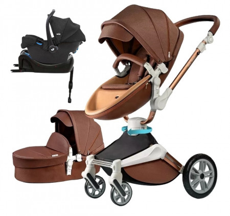Set 4 in 1 - Carucior Hot Mom 360 Coffe 2 in 1 + Scoica auto Joie Gemm Shale, 0-13kg + Baza isofix i-Base