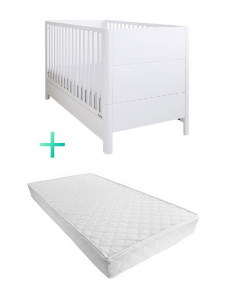 Set Patut Transformabil din Lemn Masiv de Pin, MDF, 140 x 70 cm, pentru copii si junior, 3 trepte de reglare inaltime, 3 lamele detasabile, Woodies Safe Dreams, Smooth, Alb + Saltea pentru patut copii, Mykids, Cocos, Confort II, 140 x 70 x 10 cm