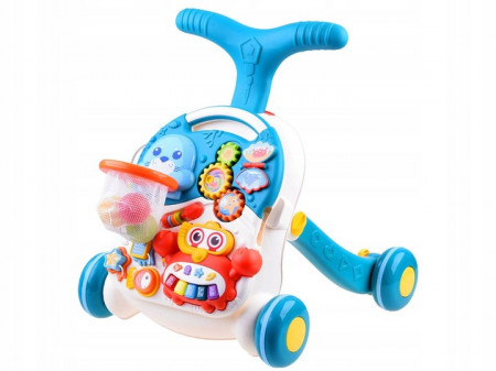 Antemergator interactiv 2in1 cu 4 roti, transformabil in Masuta interactiva pentru activitati, cu panou de jucarii, Cos de baschet, sunete, lumini, Jokomisiada, ZA3809 NI, Albastru
