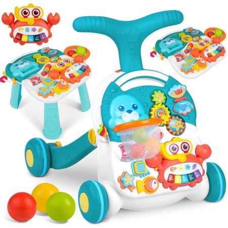 Antemergator interactiv cu 4 roti, transformabil in Masuta interactiva pentru activitati, cu panou de jucarii, sunete cu reglarea volumului, Ricokids 3in1 Albastru, 781000