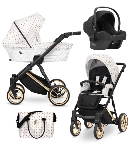 Carucior pentru copii, 3 in 1, Kunert, Ivento Premium, cadru auriu, rucsac din piele ecologica, accesorii, White Style 01 + Scoica auto Cosmo + Adaptori