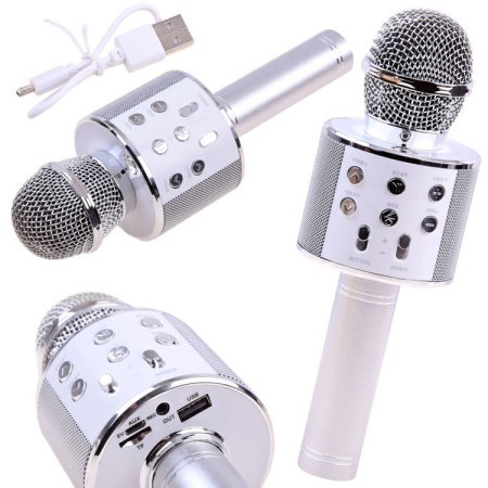 Microfon wireless, cu difuzor, lumini karaoke, bluetooth, USB compatibil Android/IOS, inregistrare/redare melodii, Jokomisiada, IN0136 ZO, Alb / Silver