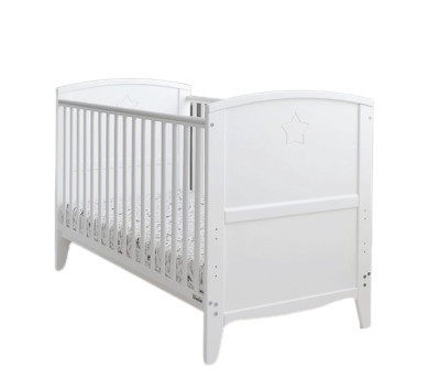 Patut Transformabil din Lemn Masiv de Pin, MDF, 140 x 70 cm, pentru copii si junior, vopsea certificata, 3 trepte de reglare inaltime, 3 lamele detasabile, Woodies Safe Dreams, Starlight , Alb