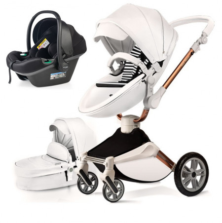 Set 3in1 - Carucior Copii Hot Mom 360 Alb 2 in 1 + Scoica auto Hot Mom R129