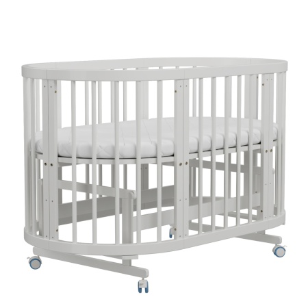 Patut pentru Copii, Rotund, Evolutiv, Craft 9 in 1, Alb, din Lemn de Pin Solid, cu Sistem de Leganare si Saltele