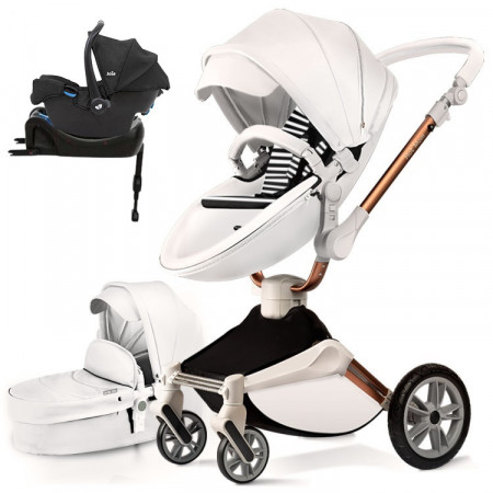 Set 4 in 1 - Carucior Hot Mom 360 Alb 2 in 1 + Scoica auto Joie Gemm Shale, 0-13kg + Baza isofix i-Base