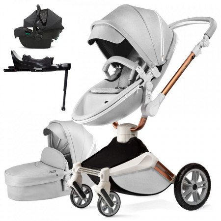 Set 4 in 1 - Carucior Hot Mom 360 Gri 2 in 1 + Scoica auto Joie i-Size i-Gemm 3 Shale + Baza isofix i-Base