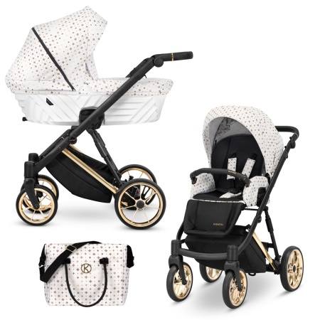Carucior pentru copii, 2 in 1, Kunert, Ivento Premium, cadru auriu, ventilatie, suport pahar, husa pentru picioare, rucsac din piele ecologica, spatar reglabil, sezut pivotant, husa ploaie, husa tantari, White Style 01