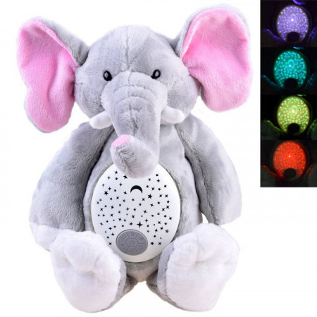 Jucarie de plus cu proiector lumini si sunete, Jokomisiada, Elefant, Gri, 40 cm