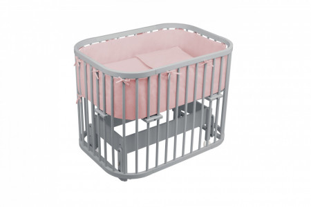 Patut Rotund pentru Copii, Multifunctional, Waldin, 5in1, cu Sistem de Leganare, Saltele Incluse, Co-Sleeper, Tarc de Joaca, Masa si Scaun pentru Activitati, Gri cu Echipament Roz
