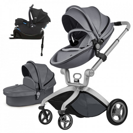 Set 4 in 1 - Carucior Hot Mom Premium Dark Grey 2 in 1 + Scoica auto Joie Gemm Shale, 0-13kg + Baza isofix i-Base
