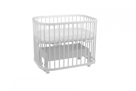 Set Patut Rotund pentru Copii, Multifunctional, Waldin, 5in1 + Sistem de Leganare, Saltele Incluse, Co-Sleeper, Tarc de Joaca, Masa si Scaun pentru Activitati, Culoare Alba