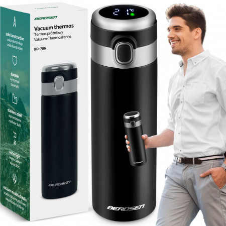 Termos din otel inoxidabil, 450 ml, cu afisaj LCD temperatura, Berdsen, BD-786, Negru