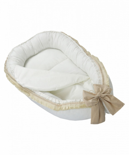 Babynest pentru copii, 86 x 50 cm, Koell, Boho Cream, cu Ciucuri Scurti, cu Saltea suplimentara