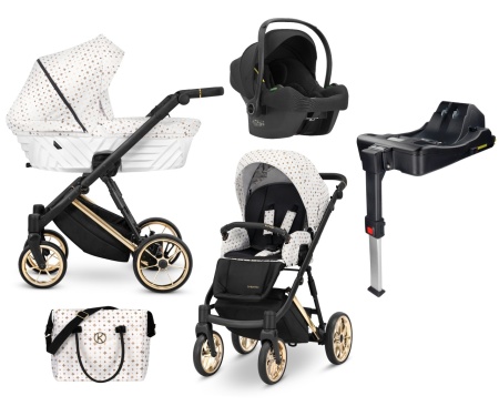 Carucior pentru copii, 4 in 1, Kunert, Ivento Premium, cadru auriu, rucsac din piele ecologica, accesorii, White Style 01 + Scoica auto Cosmo + Adaptori + Baza isofix Dock2
