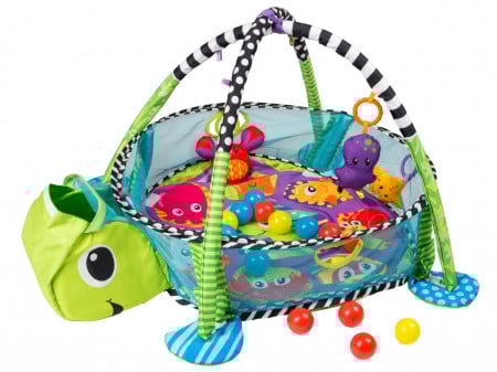 Covoras educational pentru copii, interactiv, multifunctional, 3 in 1, tarc, loc de joaca, cu 30 de bile colorate, 100 x 68 X 50 cm , Ecotoys, Turtle