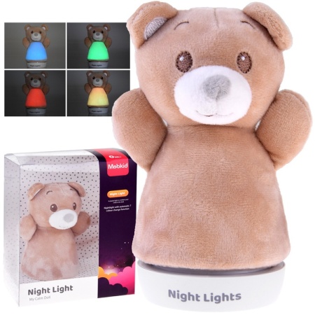Lampa de veghe din Plus, pentru camera copilului, cu 4 lumini colorate, Ursulet, Maro