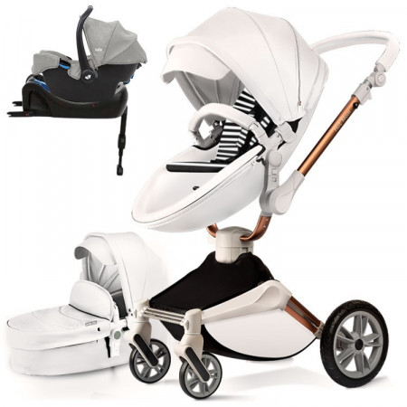 Set 4 in 1 - Carucior Hot Mom 360 Alb 2 in 1 + Scoica auto Joie Gemm Pebble, 0-13kg + Baza isofix i-Base