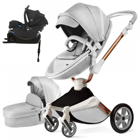 Set 4 in 1 - Carucior Hot Mom 360 Gri 2 in 1 + Scoica auto Joie Gemm Shale, 0-13kg + Baza isofix i-Base