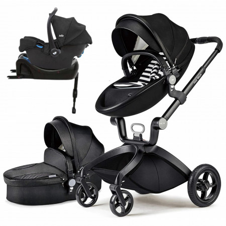 Set 4 in 1 - Carucior Hot Mom Premium Negru 2 in 1 + Scoica auto Joie Gemm Shale, 0-13kg + Baza isofix i-Base