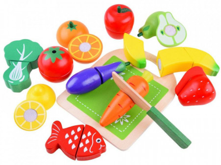 Set Fructe si Legume din lemn, cu tocator, cutit, sistem velcro, 13 piese, Jokomisiada ZA3571