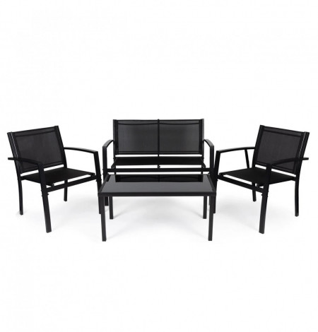 Set Mobilier pentru Gradina cu 4 Piese, 2 Scaune, Banca, Textilin, Masa, cu blat de sticla, Modern Home, FR-ITS020, Negru