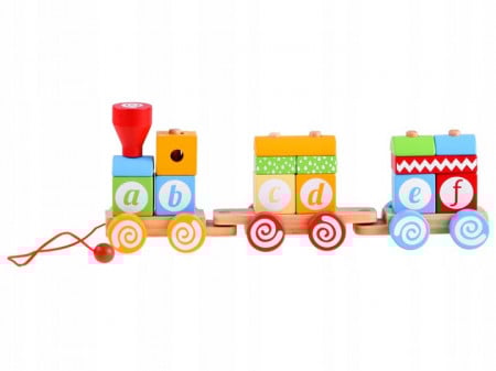 Trenulet din lemn, cu 14 forme greometrice, litere, Multicolor