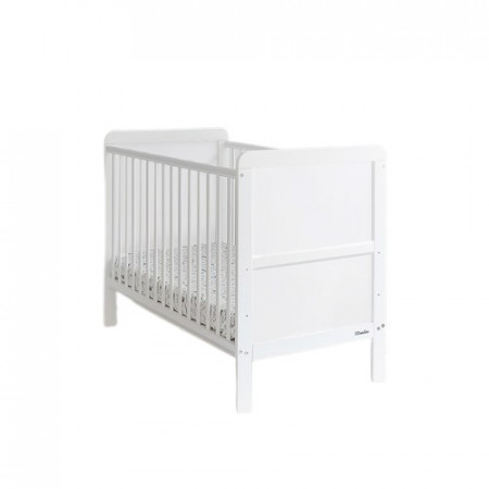 Patut Transformabil 2in1, din Lemn Masiv de Pin, MDF, 140 x 70 cm, pentru copii si junior, vopsea certificata, 3 trepte de reglare inaltime, 3 lamele detasabile, Woodies Safe Dreams, Classic, Alb