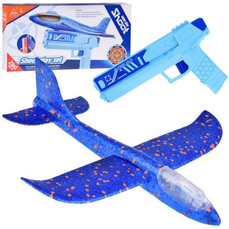 Set 2 in 1 Avion din spuma, Styrofoam Glider Plane, cu lumini LED si Pistol pentru propulsare, ShootPlay Set, Albastru, ZA5000