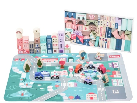 Set Covoras Pentru Copii, 55 x 42 cm, tip puzzle, cu Blocuri de Construit, Ecotoys, City, 115 piese